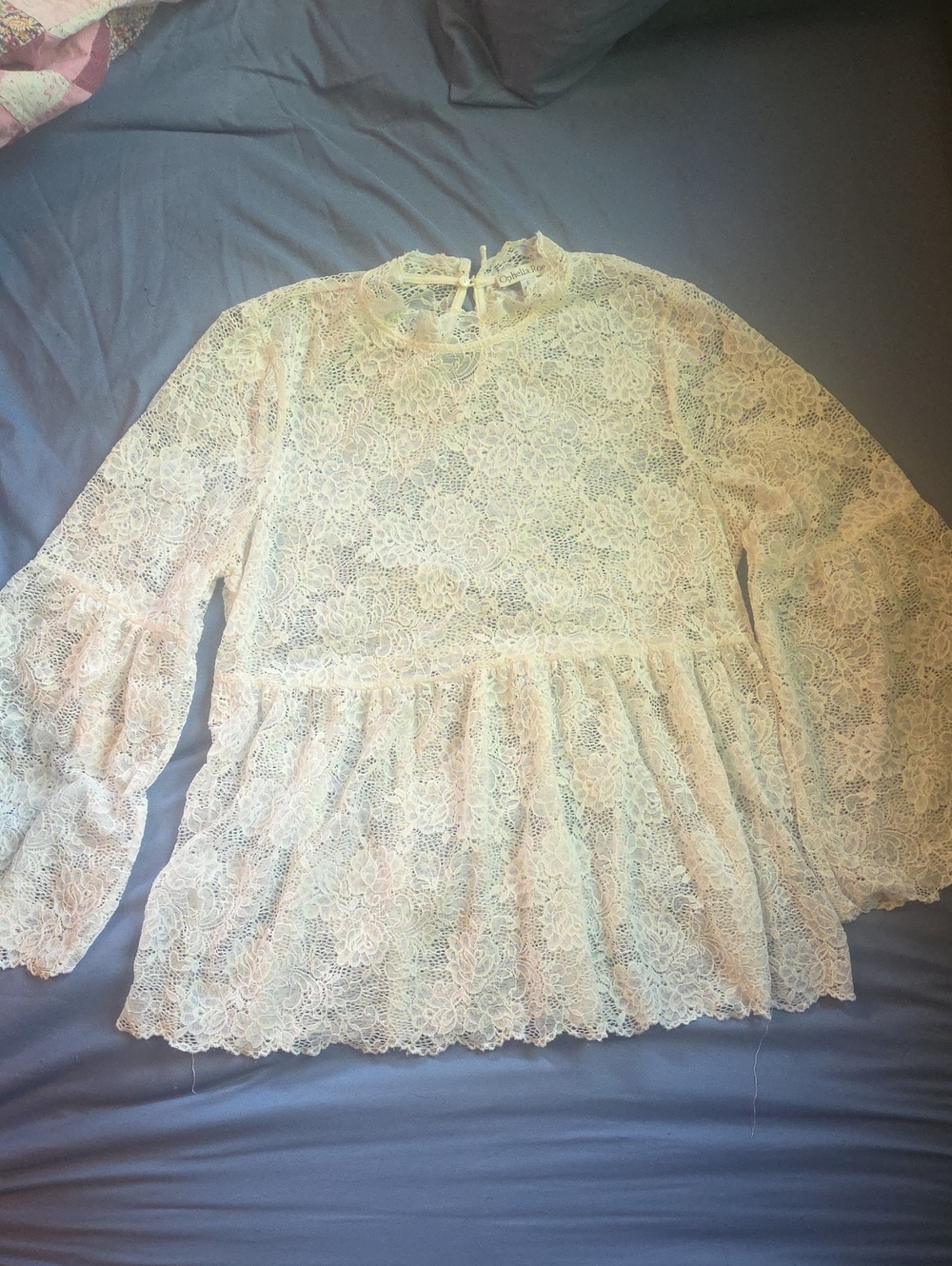 Delicate Cream Lace Peplum Blouse with Long Sleeves